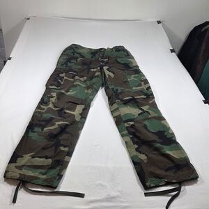 Men's Woodland Camo Cargo Pants - Green Hem Tie Strap Military Cotton Casual